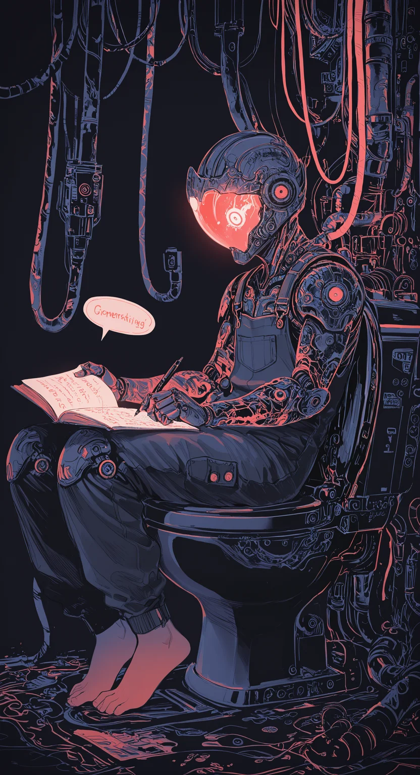 masterpiece, best quality, good quality, very awa, newest, highres, absurdres, solo, simple background, 1boy, sitting, male focus, barefoot, speech bubble, book, helmet, robot, 1other, science fiction, overalls, reading, cable, ambiguous gender, toilet, writing, industrial pipe, tube, machine, limited palette, sketch, glowing, psychedelic, <lora:illustriousXL_stabilizer_v1.23:0.3> <lora:NOOB_vp1_detailer_by_volnovik_v1:0.3> <lora:ponyv6_noobE11_2_adamW-000017:0.3> <lora:114558v4df2fsdf5:0.7> <lora:mon_monmon2133:0.6>