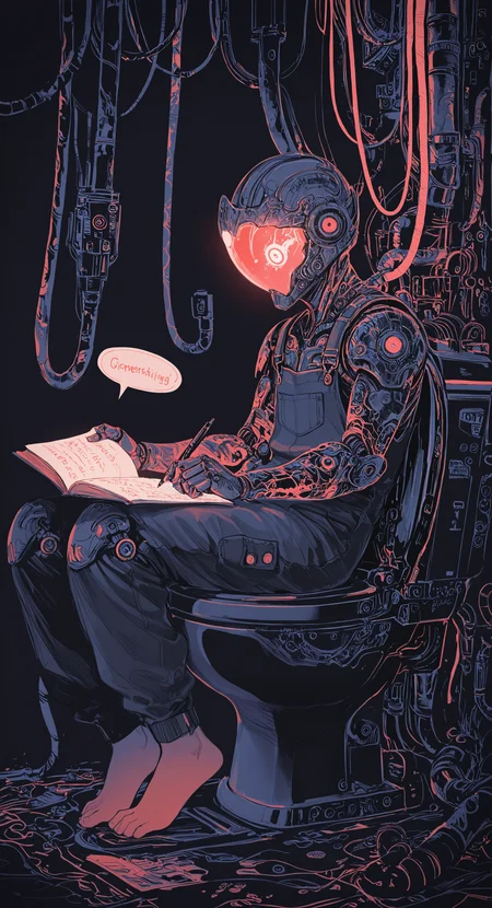 masterpiece, best quality, good quality, very awa, newest, highres, absurdres, solo, simple background, 1boy, sitting, male focus, barefoot, speech bubble, book, helmet, robot, 1other, science fiction, overalls, reading, cable, ambiguous gender, toilet, writing, industrial pipe, tube, machine, limited palette, sketch, glowing, psychedelic, <lora:illustriousXL_stabilizer_v1.23:0.3> <lora:NOOB_vp1_detailer_by_volnovik_v1:0.3> <lora:ponyv6_noobE11_2_adamW-000017:0.3> <lora:114558v4df2fsdf5:0.7> <lora:mon_monmon2133:0.6>