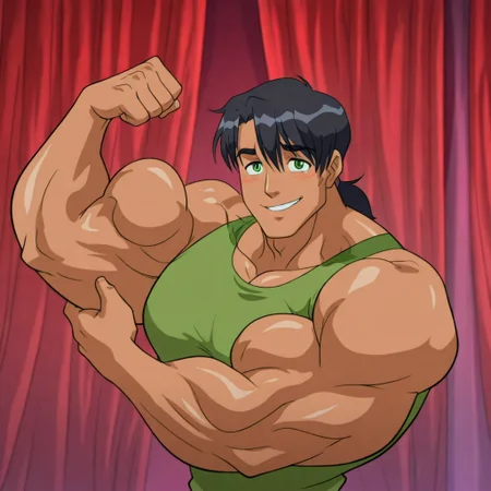 masterpiece, best quality, absurdres, newest, perfect quality, detailed background, intricate details, anime, shy, smile, flexing, muscles, musk, 1boy (((human))), male, 20 years old, (((Raymond, Green Eyes, black hair with gray streaks, dark tan skin))), ponytail, green tank top, licking a protein bar, stack of protein bars, stage with red curtains background, solo, Hyper muscles, small waist