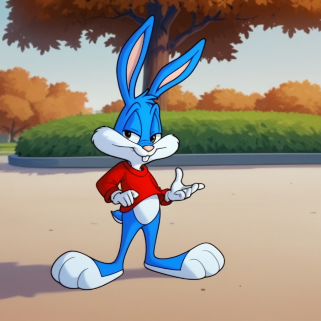 score_9, score_8_up, score_7_up, score_6_up, score_5_up, score_4_up, source_furry, bustertta, anthro, male, bunny, blue fur, red shirt, white gloves, in a park, full body