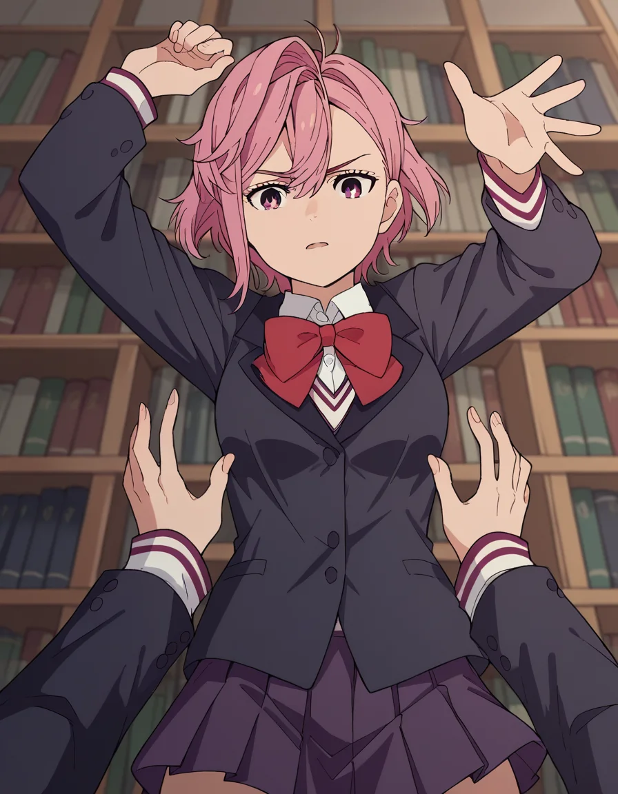 score_9, score_8_up, score_7_up, source_anime, <lora:aira-shiratori-alpha-ponyxl-lora-nochekaiser:1>, aira shiratori, short hair, bangs, hair between eyes, pink hair, pink eyes, medium breasts, shirt, long sleeves, bow, school uniform, jacket, white shirt, collared shirt, bowtie, red bow, black jacket, red bowtie, skirt, pleated skirt, purple skirt, miniskirt, library, shelves, books, tables, quiet, , on back, arm support, arms up, incoming hug, pov, reaching, reaching towards viewer,, looking at viewer, solo,, dutch angle, cowboy shot