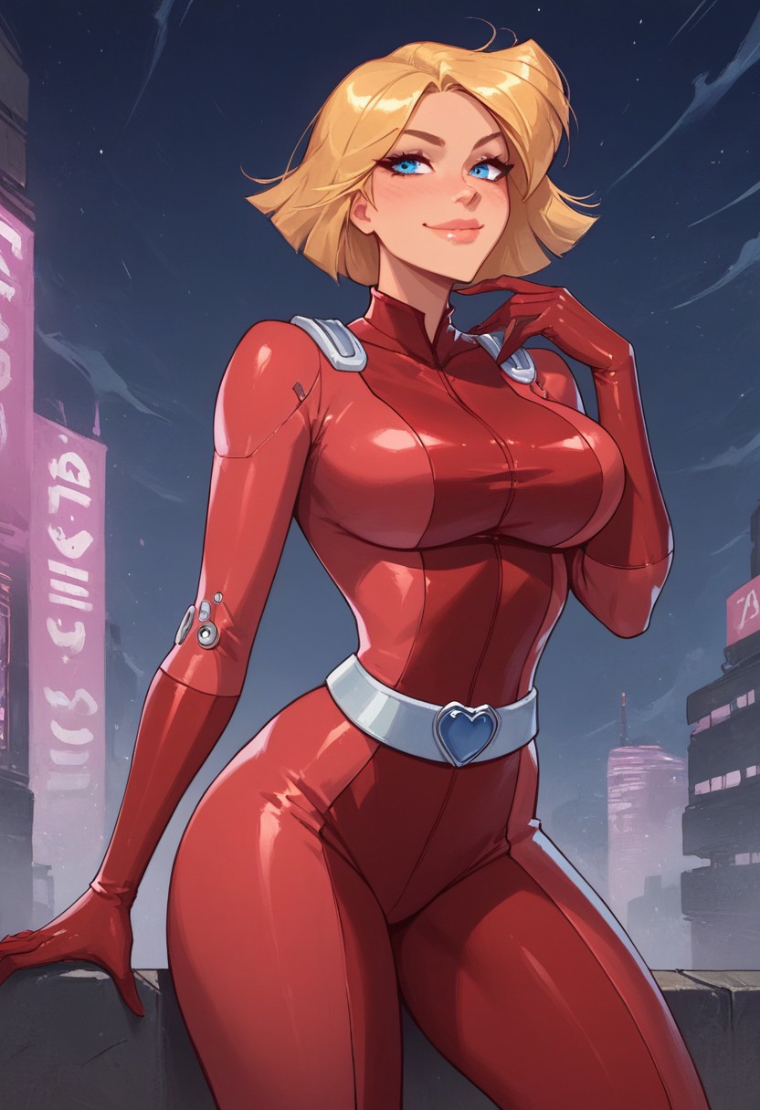 score_9, score_8_up, score_7_up, score_6_up, score_5_up, score_4_up, masterpiece, perfect face, perfect eyes, 4ng3l face, neon city, night time, sexy girl, Sam, 1girl, solo, clover \(totally spies\), blonde hair, short hair, blue eyes, Clover sexy posing, red bodysuit, belt, standing, (large breasts:1.3), thick thighs, seductive look, seductive smile, closed mouth, front view,