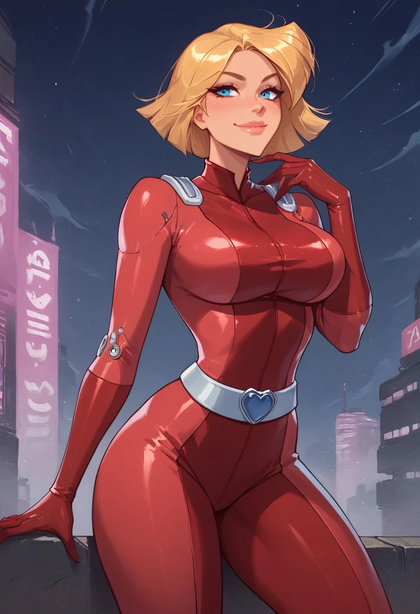 score_9, score_8_up, score_7_up, score_6_up, score_5_up, score_4_up, masterpiece, perfect face, perfect eyes, 4ng3l face, neon city, night time, sexy girl, Sam, 1girl, solo, clover \(totally spies\), blonde hair, short hair, blue eyes, Clover sexy posing, red bodysuit, belt, standing, (large breasts:1.3), thick thighs, seductive look, seductive smile, closed mouth, front view,