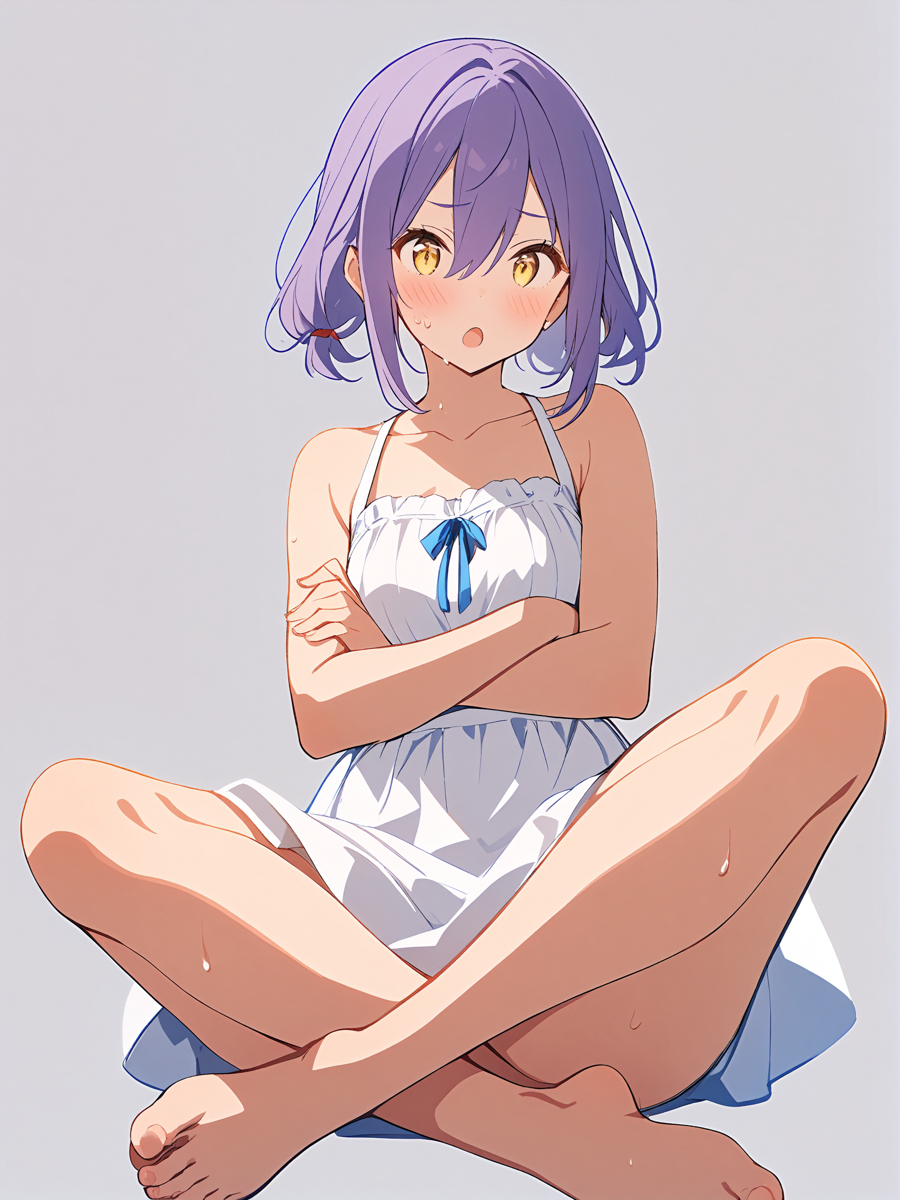 1girl, 
solo, full body, toenails, looking at viewer, feet, open mouth, crossed arms, blush, collarbone, sidelocks, :o, dress, indian style, purple hair, sitting, medium hair, simple background, legs, white background, bare shoulders, sweat, crossed legs, barefoot, toes, bare legs, hair between eyes, yellow eyes, white dress, alternate costume, sleeveless, sundress, 
masterpiece, best quality,  safe
 <lora:mki-ani31-TMND-v2-000050:1>