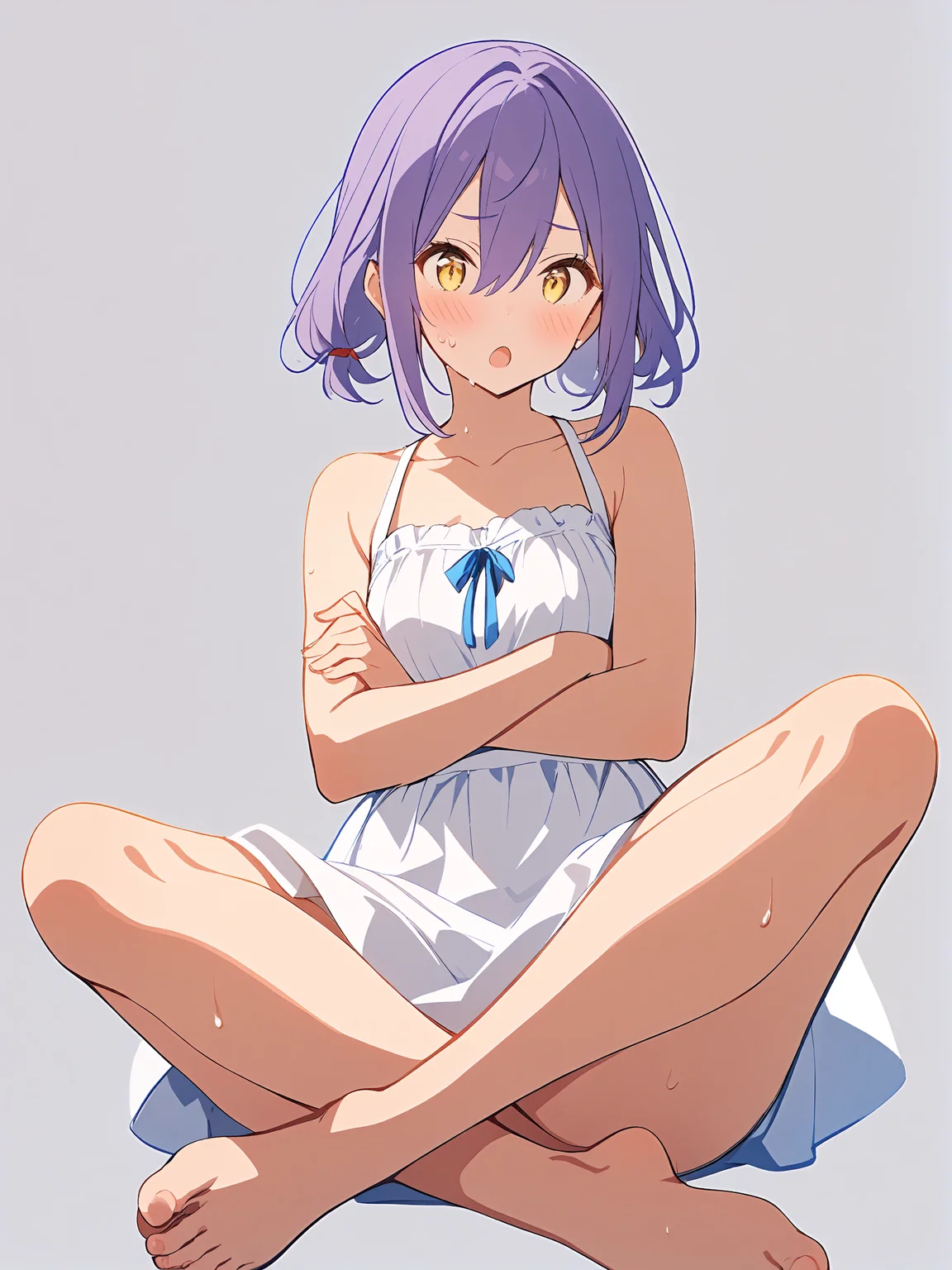 1girl, 
solo, full body, toenails, looking at viewer, feet, open mouth, crossed arms, blush, collarbone, sidelocks, :o, dress, indian style, purple hair, sitting, medium hair, simple background, legs, white background, bare shoulders, sweat, crossed legs, barefoot, toes, bare legs, hair between eyes, yellow eyes, white dress, alternate costume, sleeveless, sundress, 
masterpiece, best quality,  safe
 <lora:mki-ani31-TMND-v2-000050:1>