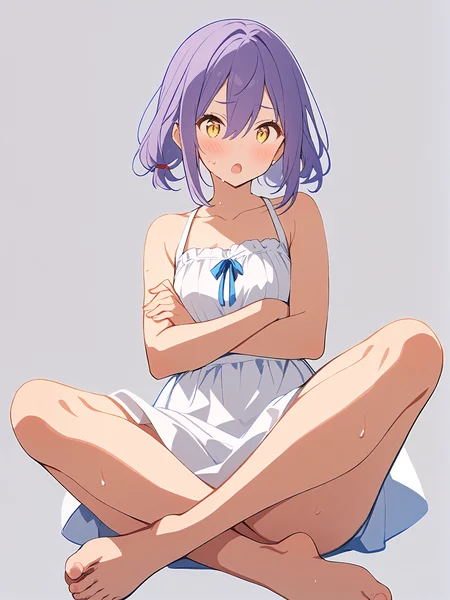 1girl,
solo, full body, toenails, looking at viewer, feet, open mouth, crossed arms, blush, collarbone, sidelocks, :o, dress, indian style, purple hair, sitting, medium hair, simple background, legs, white background, bare shoulders, sweat, crossed legs, barefoot, toes, bare legs, hair between eyes, yellow eyes, white dress, alternate costume, sleeveless, sundress,
masterpiece, best quality, safe
<lora:mki-ani31-TMND-v2-000050:1>