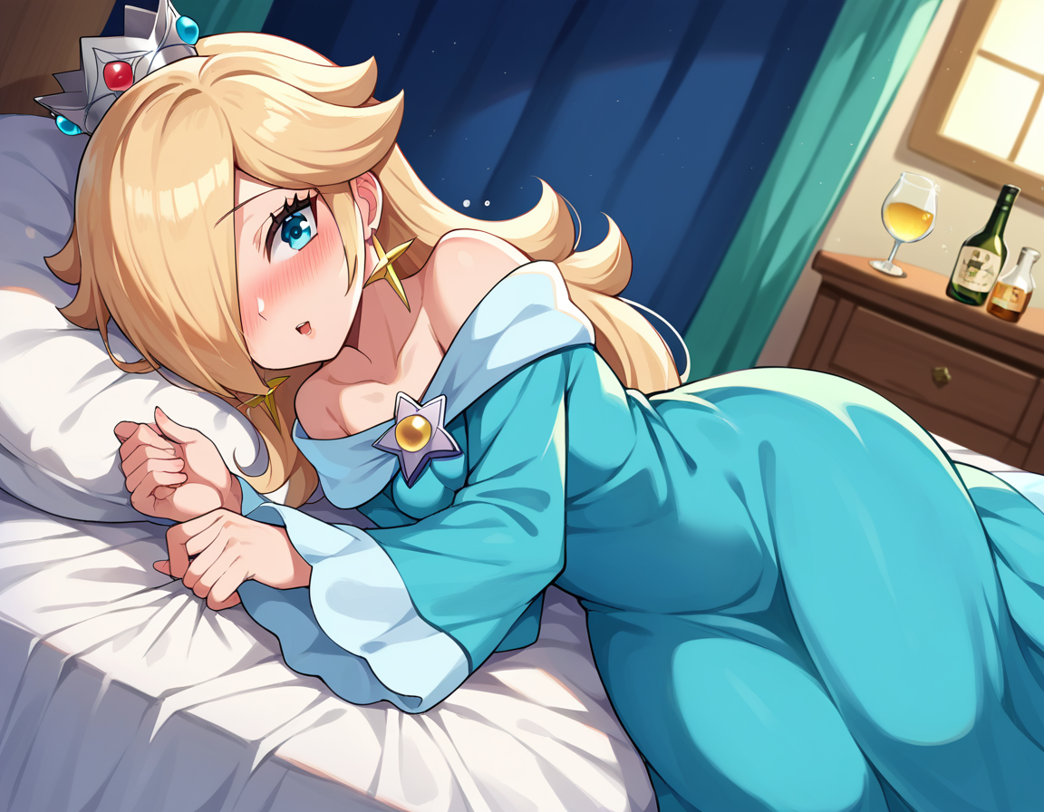 score_9, score_8_up, score_7_up, source_anime,
rosalina, <lora:princess-rosalina-ponyxl-lora-nochekaiser:1>,
rosalina, blonde hair, blue eyes, hair over one eye, long hair,
blue dress, crown, dress, earrings, jewelry, princess, robe, star earrings,
indoors, bed, bed room, on side, blush, drunk,
looking at viewer, dutch angle, cowboy shot,
