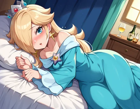 score_9, score_8_up, score_7_up, source_anime,
rosalina, <lora:princess-rosalina-ponyxl-lora-nochekaiser:1>,
rosalina, blonde hair, blue eyes, hair over one eye, long hair,
blue dress, crown, dress, earrings, jewelry, princess, robe, star earrings,
indoors, bed, bed room, on side, blush, drunk,
looking at viewer, dutch angle, cowboy shot,