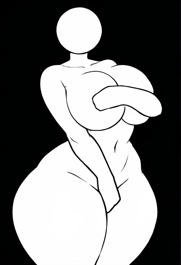 <lora:wrnsignPDXL_11a:1> black background, black lineart, white body, flat colors, solo, humanoid, female, nude, big breasts, wide hips, thick thighs, standing, covering, covering breasts, covering crotch