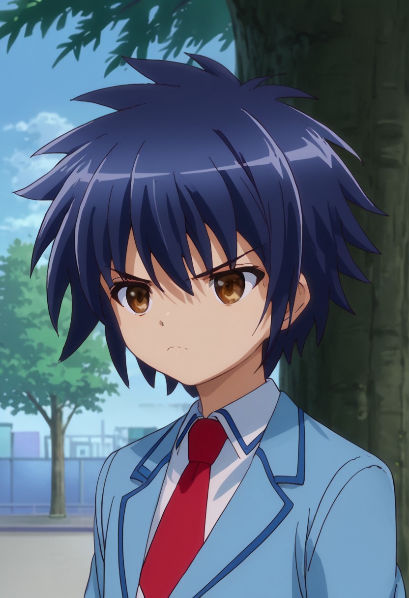 score_9, score_7_up, source_anime 
natsuhi, 1boy, male focus, solo, brown eyes, blue hair, bangs, school uniform, shirt, white shirt, collared shirt, necktie, red necktie, jacket, blazer, blue jacket, upper body, frown
outdoor, sky, tree