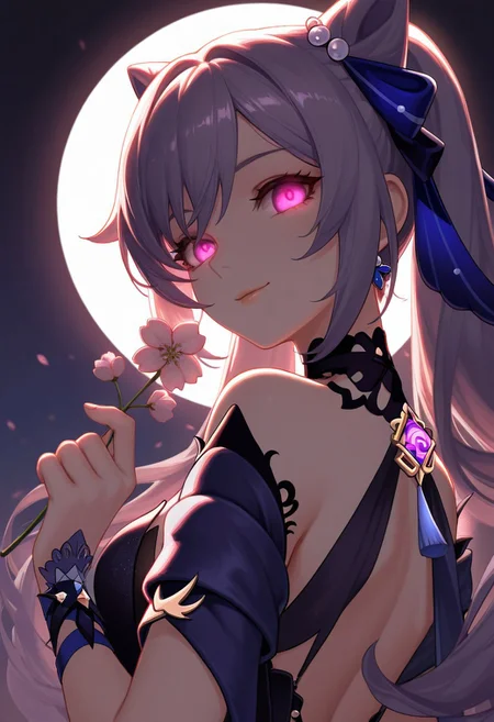 1girl, Keqing Genshin Impact, Opulent Splendor, glowing eyes, lips, thin lips, solo, looking at viewer, charming smile, holding flower, chupa chups, upper body, from below, back lighting, dark, multicolored background, masterpiece, cherry blossom, best quality, very aesthetic