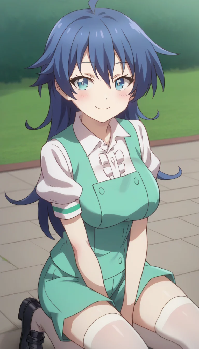 score_9,score_8_up,masterpiece,best quality,correct anatomy,anime_source,1girl,solo,perfect eyes,perfect arms,perfect legs,perfect face,outdoors,upper body,(portrait:1.5),looking at viewer,facing viewer,smile,blush,aged down,(petite:1.5),Lloyd de Saloum,ahoge,long hair,blue hair,hair bow,hair between eyes,bangs,blue eyes,green vest,white shirt,collared shirt,puffy short sleeves,large breasts,green shorts,zettai ryouiki,white thighhighs,loafers,black footwear,<lora:Lloyd de Saloum(tsdnod)-Pony:1.6>,