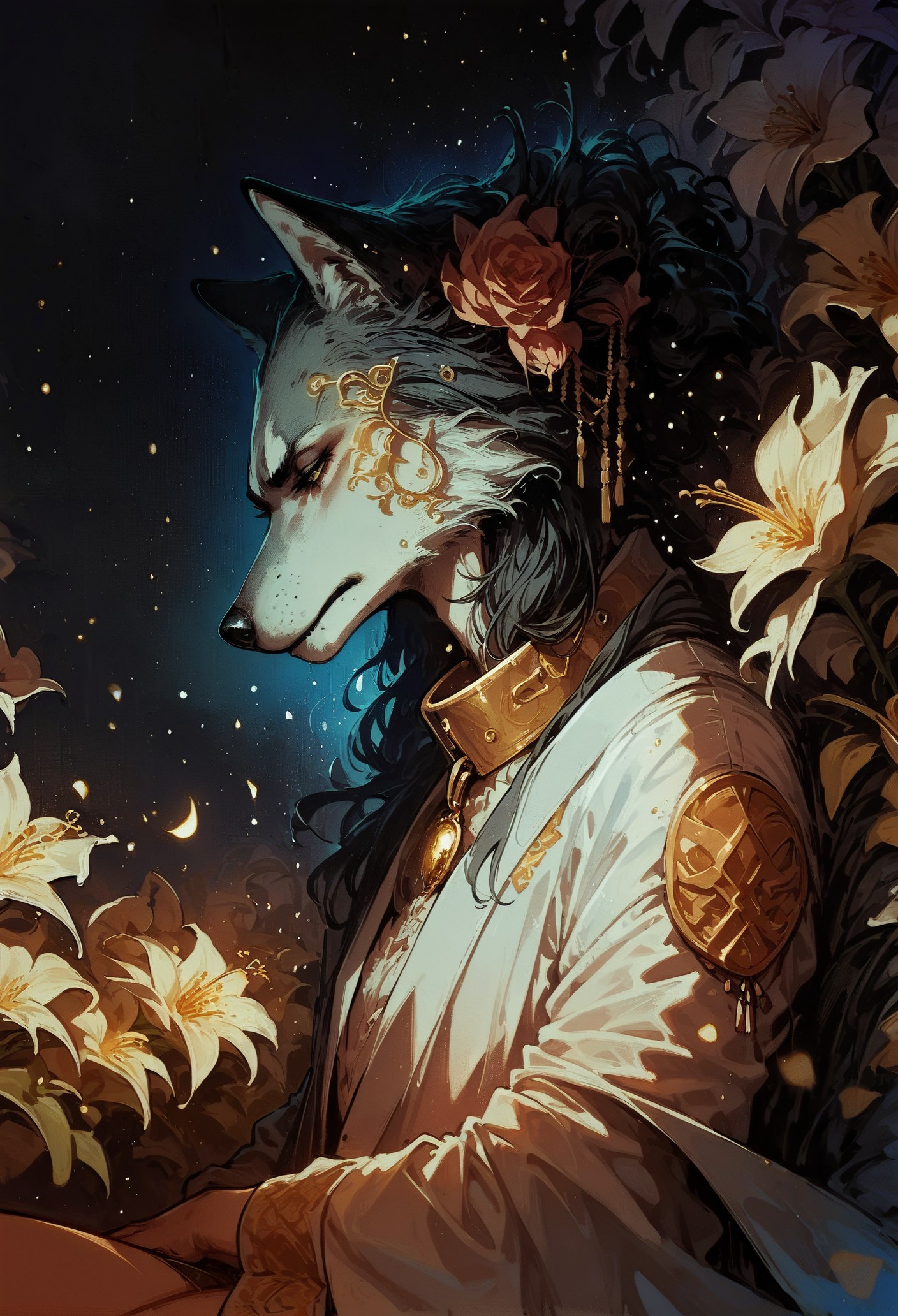 score_9, score_8_up, score_7_up,  wolf, side view, sitting, opal, bright particles, darkness, gloom, golden cherry blossom tones, Japanese aesthetic, lilies, explosive bright particles in the form of sparks of light, gold collar, black theme, black background  <lora:pony/twilight_style:0.8> <lora:pony/expressiveh:0.8> expressiveh <lora:pony/neon_cyberpunk_splash_art:0.8> <lora:sdxl/sinfully_stylish_sdxl>