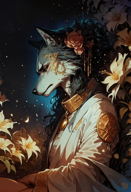 score_9, score_8_up, score_7_up, wolf, side view, sitting, opal, bright particles, darkness, gloom, golden cherry blossom tones, Japanese aesthetic, lilies, explosive bright particles in the form of sparks of light, gold collar, black theme, black background <lora:pony/twilight_style:0.8> <lora:pony/expressiveh:0.8> expressiveh <lora:pony/neon_cyberpunk_splash_art:0.8> <lora:sdxl/sinfully_stylish_sdxl>