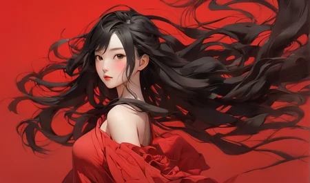 anima, pretty chinese woman, fullbody, pure red background, black hair, floating hair, blush, looking at viewer