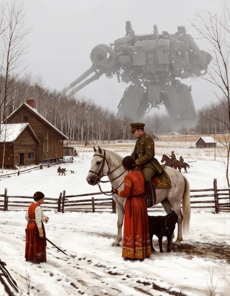By Jakub Rozalski. A digital illustration shoot from a far camera angle about a snowy landscape with soldiers and a large robot in the background. the scene is set in a rural area with a wooden house on the left and a fence on the right. the ground is covered in a thick layer of snow, and the sky is overcast. the image also shows a foggy atmosphere. on the center of the image, a man wearing a military uniform and a cap is sitting on a horse, accompanied by a woman wearing a long red dress. the woman appears to be in her mid-twenties, with her hair tied back in a bun. the man is holding the reins of the horse, while the woman is looking down at him with a gentle expression. to the left of the man, a woman with a red dress and a black dog is standing, looking up at the man. in the distance, a group of soldiers can be seen on horseback, with a large, imposing robot looming behind them.