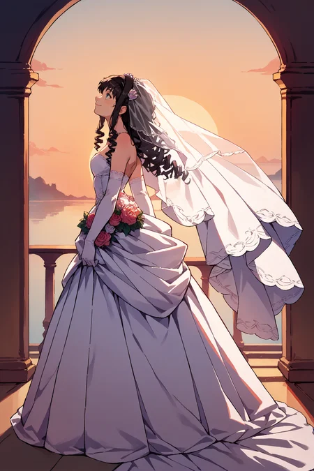 score_9, score_8_up, score_7_up, score_6_up, source_anime, 1girl, solo, <lora:morishimaharuka-pdxl-nvwls-v1-000006:1> amaMH, black hair, drill hair, long hair, blue eyes, black hairband, wedding dress, bridal veil, profile, looking up, smile, elbow gloves, wide shot, sunset, full body