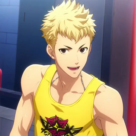 score_9, score_8_up, score_7_up, source_anime, anime screencap, anime coloring, looking at viewer, depth of field, 1boy, solo, young, bishounen, male focus, portrait, slim male, toned male, Ryuji, blonde hair, brown eyes, seductive smile, open mouth, yellow tanktop