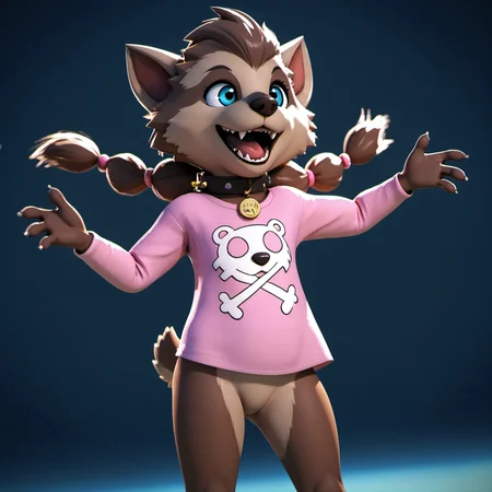 score_9, score_8_up, score_7_up, source_furry, 3d, furry, brown fur, winniew, pigtails, collar, teeth, pink shirt, <lora:Winnie_Werewolf_r2:1>