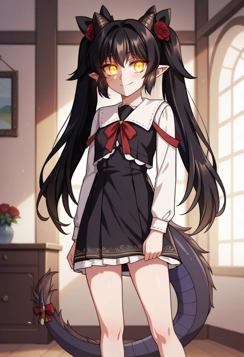 score_9, score_8_up, score_7_up, source_anime,anime screencap, anime coloring,intricate details,rating_explicit, masterpiece, best quality,
(best quality, absurd res, ultra detailed),1girl, ((solo)), good eyes,perfect eyes,,detailed eyes, zPDXLxxx , zPDXL3,detailed, detailed face, <lora:add-detail-xl:3>,
BREAK
<lora:regressor_manual:0.8>, regressor_manual, Dialuria, yellow eyes, glowing eyes, black hair, twintails, hair ornament, hair flower, pointy ears, horns, dragon tail, black dress, , ,
BREAK
solo, indoors, standing, pew,
smirk,