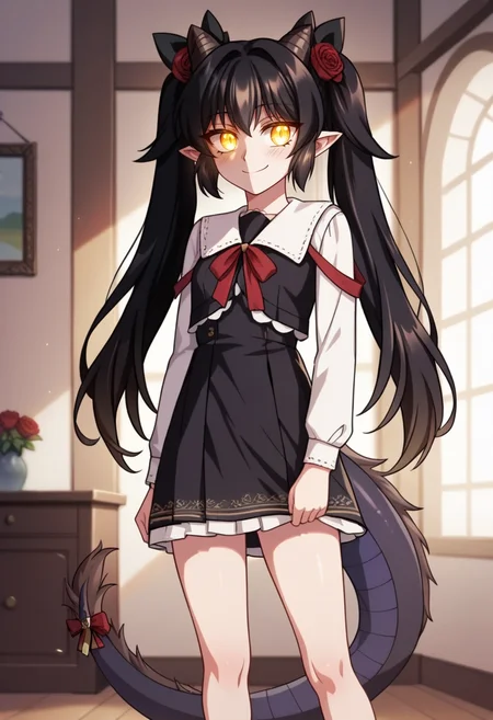 score_9, score_8_up, score_7_up, source_anime,anime screencap, anime coloring,intricate details,rating_explicit, masterpiece, best quality,
(best quality, absurd res, ultra detailed),1girl, ((solo)), good eyes,perfect eyes,,detailed eyes, zPDXLxxx , zPDXL3,detailed, detailed face, <lora:add-detail-xl:3>,
BREAK
<lora:regressor_manual:0.8>, regressor_manual, Dialuria, yellow eyes, glowing eyes, black hair, twintails, hair ornament, hair flower, pointy ears, horns, dragon tail, black dress, , ,
BREAK
solo, indoors, standing, pew,
smirk,