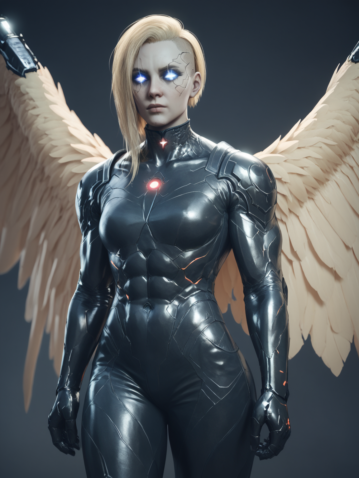 score_9, score_8_up, score_7_up, score_6_up, score_5_up, source anime,
1girl, dameaylin,  <lora:aylinPony:0.7>, glowing scars, cyberpunk clothes, half-cut blonde hair, cyberpunk style, (mechanical  cybernetic open  wings), neon lit dystopian city street, glowing eyes, muscular