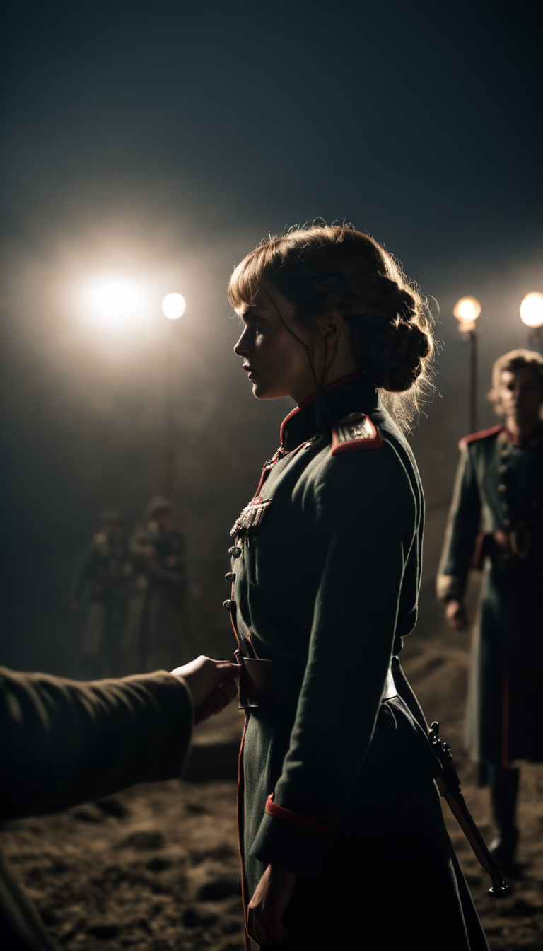 cinematic film still Cinematic scene, hero view, Tanya Degurechaff, Youjo Senki <lora:tanya_degurechaff_xl_v6:1>, action pose, detailed background, masterpiece, best quality, high quality, highres, absurdres  . shallow depth of field, vignette, highly detailed, high budget Hollywood movie, bokeh, cinemascope, moody, epic, gorgeous, film grain, grainy