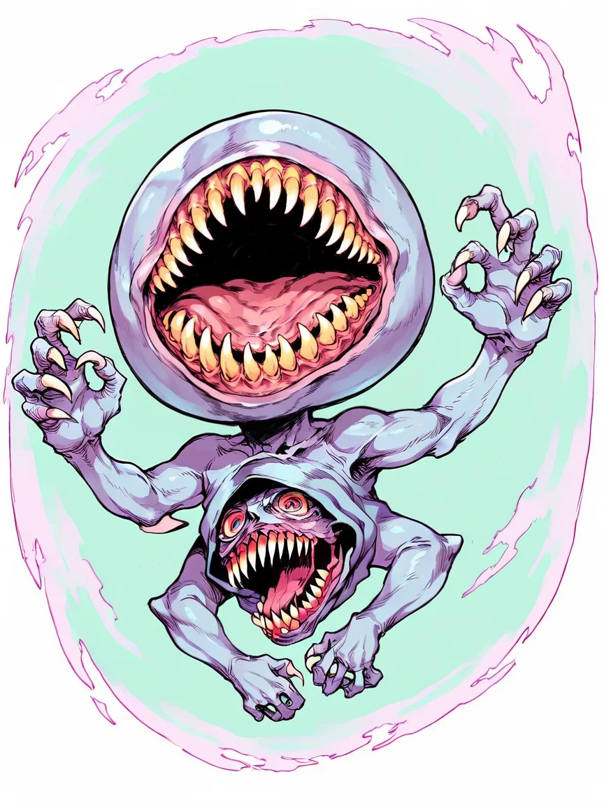 score_9, score_8_up, score_7_up, score_6_up, <lora:p1nkh0rr0rXLP:0.8> p1nkh0rr0r, no human, solo, sharp teeth, open mouth, monster, extra eyes
