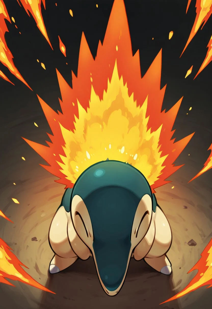 masterpiece, best quality, no humans, solo, zzCyndaquil, standing firm in a moonlit clearing, back flames erupting in a fiery burst as it braces for a charge. ,<lora:CyndaquilPokedex_IXL:1.0>,