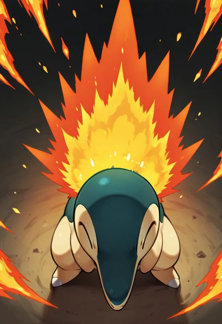 masterpiece, best quality, no humans, solo,    zzCyndaquil, standing firm in a moonlit clearing, back flames erupting in a fiery burst as it braces for a charge.      ,<lora:CyndaquilPokedex_IXL:1.0>,