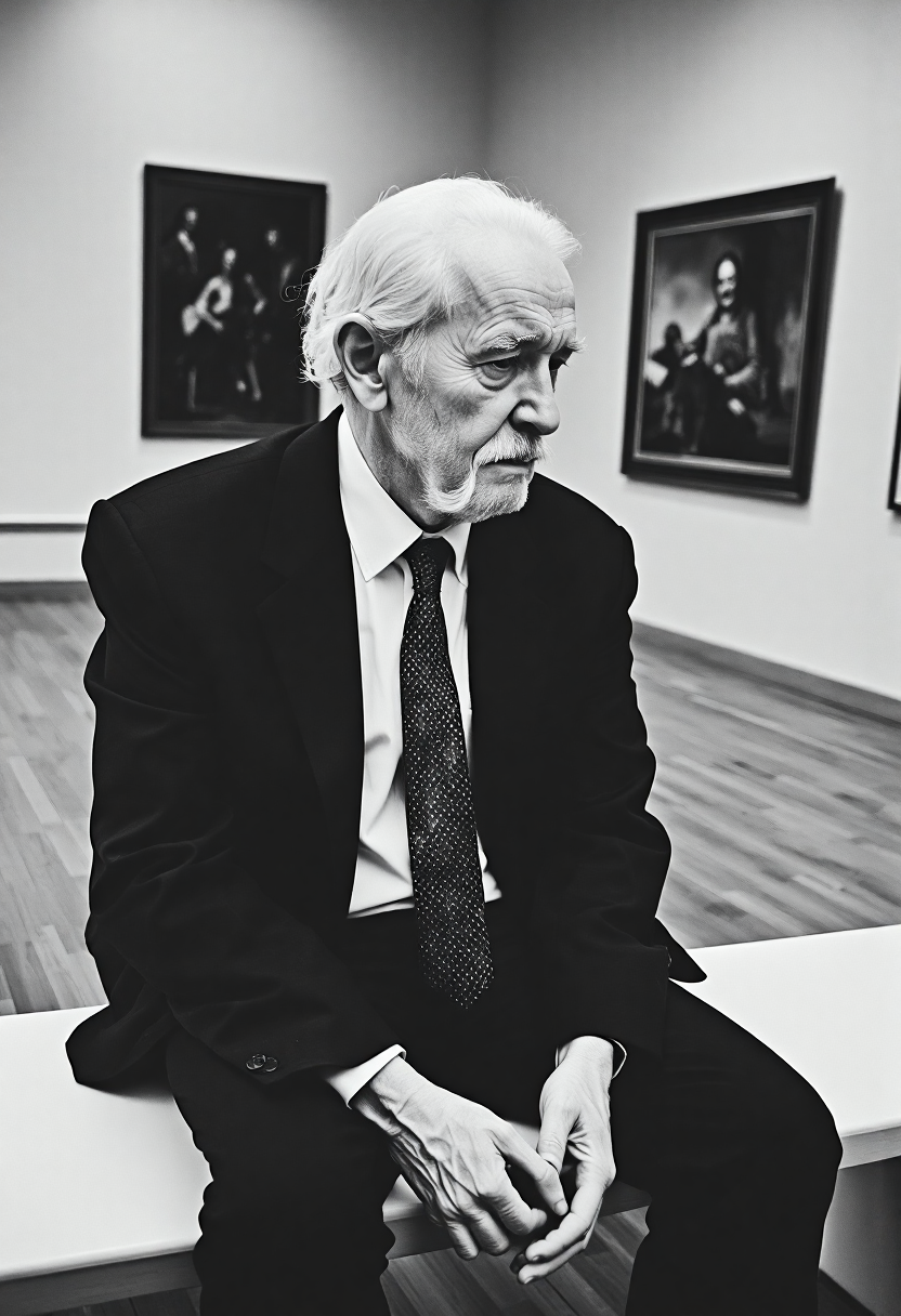 Professional black-and-white photoshoot of an older man seated on a white bench, leaning slightly forward with his arms resting on his knees. He is dressed in a dark suit with a white dress shirt and a dark tie, and he appears to be looking down thoughtfully. The man has a wrinkled face and white hair, adding a sense of age and reflection to his demeanor.Background is an empty museum.