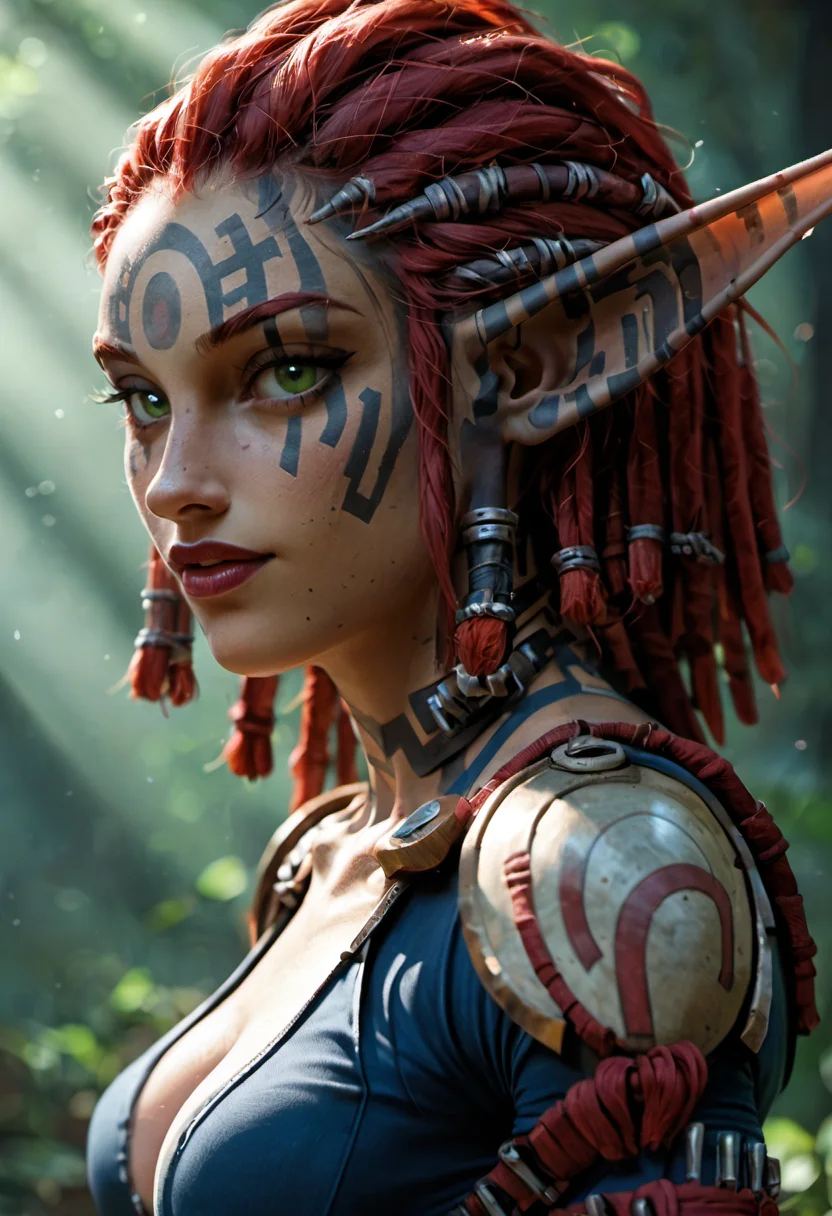 score_9, score_8_up, score_7_up, 1girl,solo, 30 y.o, Ashelin Praxis, Ashelin from Jak and Daxter, revealing tight red top, cleavage, tits almost bursting out, short padded blue armored jacket, athletic, tall, slender, ((red hair)), long elf ears, tribal face tattoos, green eyes, face portrait, close up photo of her face from front, looking at viewer, face focus, directional light, shadows, strong light and shadows, rays of light, <lora:pr4x1s4ah3:1.35> pr4x1s4ah3, scars, <lora:Fant5yP0ny:0.6>, feminine, sexy, naughty, flirty