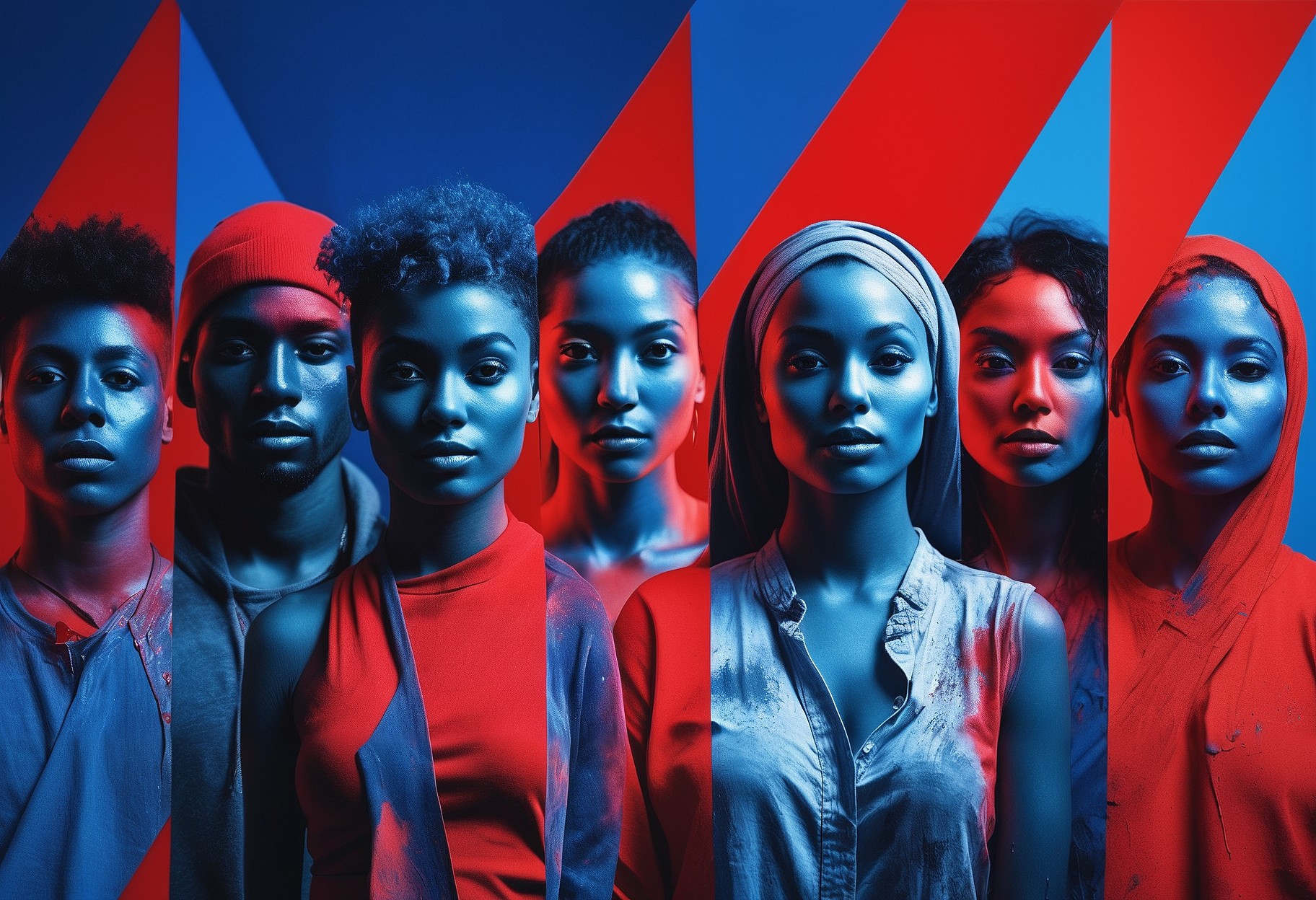 a picture of a Group of people, in the style of vibrant collage, color photography, spray painted, exotic, light indigo and red, close-up, studio photography, negative colors, split tones