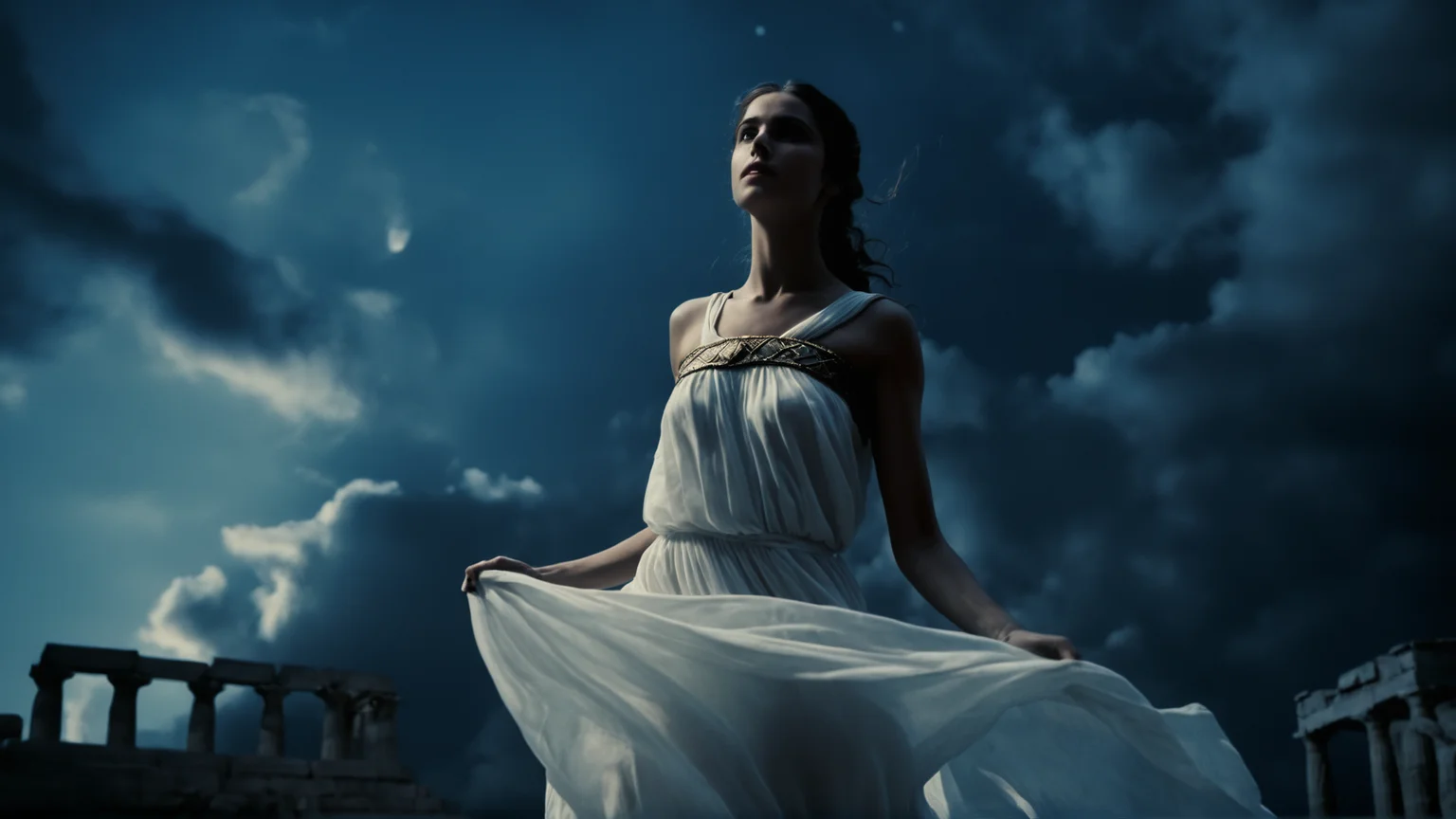 cinematic film still of <lora:spartan style v2:1>
In 480 B.C. Oracle Girl a Greek woman in a white dress is floating in the dark temple with cloudy blue night sky, spartan style, shallow depth of field, vignette, highly detailed, high budget, bokeh, cinemascope, moody, epic, gorgeous, film grain, grainy