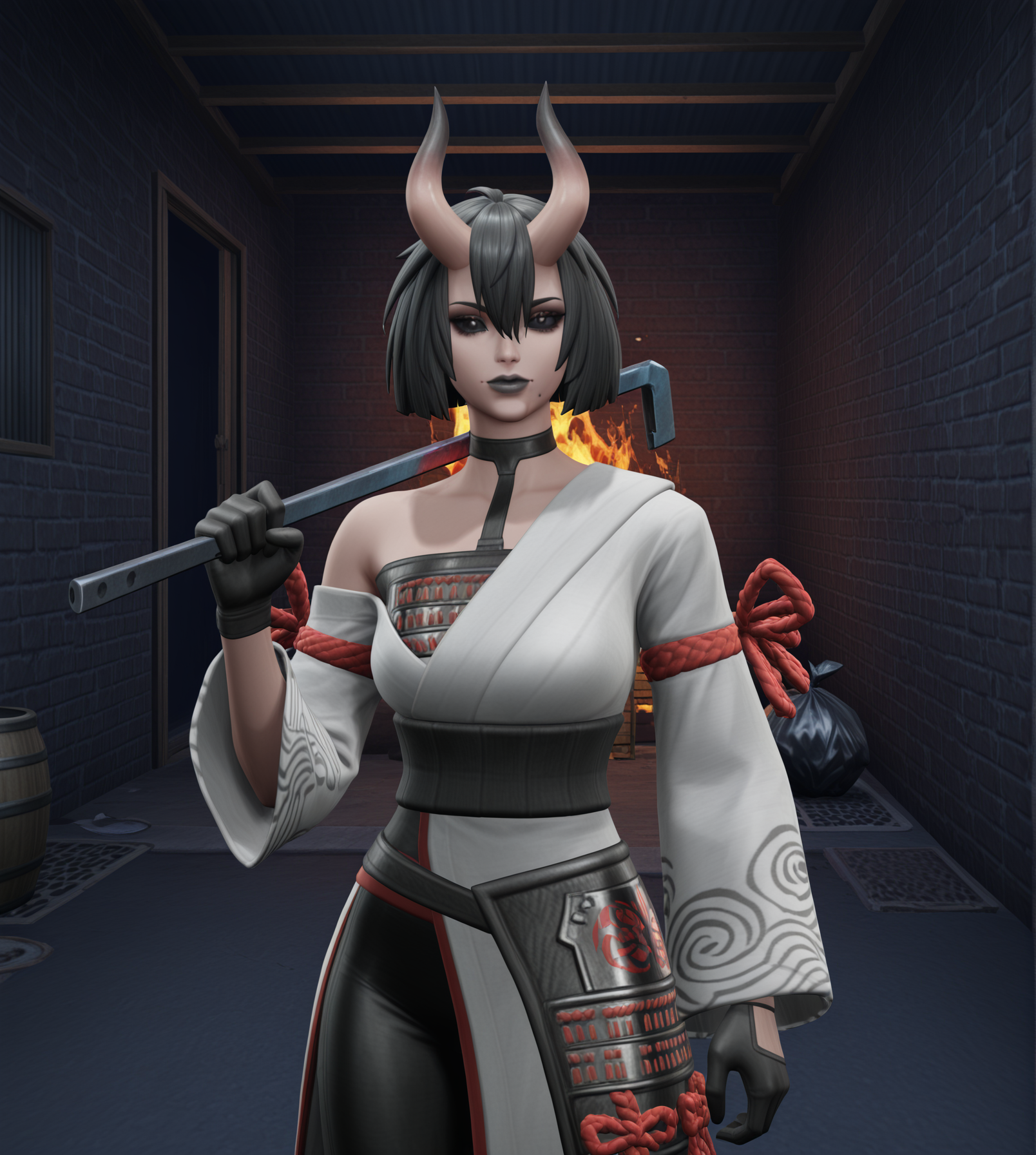 kingpin, realistic, (masterpiece, newest, 2024, absurdres, very awa, intricate details:1.4) looking at viewer, cute, detailed hair, absurdres, masterpiece, very aesthetic, (cowboy shot, holding a crowbar over shoulder:1.7),  fortnitenightrose, 1girl, solo, black hair, short hair, bob cut, bangs, hair between eyes, hair over one eye, asymmetrical horns, oni horns, horns, skin-covered horns, black eyes, black sclera, colored sclera, closed mouth, mole, mole under mouth, black lips, lipstick, makeup, choker, black choker, wide sleeves, long sleeves, detached sleeves, off shoulder, armor, japanese armor, japanese clothes, kimono, white kimono, obi, sash, kusazuri, red rope, gloves, black gloves, pants,  (asphalt, cobble stone floor, sidewalk, pavement, trahs, litter, windows, buildings, night, barrel on fire, dumpster, bin, trash bags, street, brick wall, under pass, tunnel, back alley, mesh fence, doors, windows, warehouse storage, crates, hallway, fire, on fire:1.3), <lora:Fortnite_-__The_Night_Rose_ILXL:0.8>, <lora:Kingpin_-_Life_of_Crime_Style_1.1_ILXL:0.7>