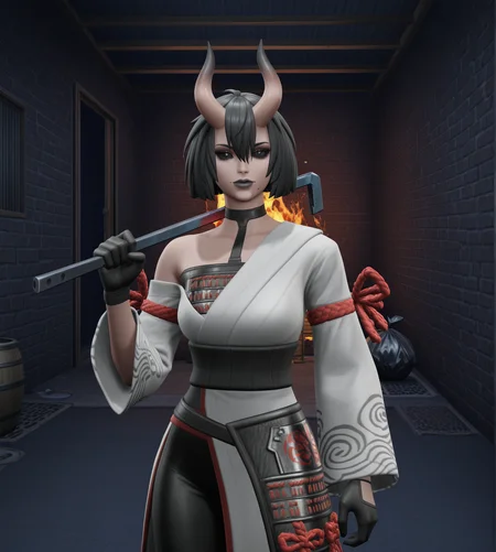 kingpin, realistic, (masterpiece, newest, 2024, absurdres, very awa, intricate details:1.4) looking at viewer, cute, detailed hair, absurdres, masterpiece, very aesthetic, (cowboy shot, holding a crowbar over shoulder:1.7), fortnitenightrose, 1girl, solo, black hair, short hair, bob cut, bangs, hair between eyes, hair over one eye, asymmetrical horns, oni horns, horns, skin-covered horns, black eyes, black sclera, colored sclera, closed mouth, mole, mole under mouth, black lips, lipstick, makeup, choker, black choker, wide sleeves, long sleeves, detached sleeves, off shoulder, armor, japanese armor, japanese clothes, kimono, white kimono, obi, sash, kusazuri, red rope, gloves, black gloves, pants, (asphalt, cobble stone floor, sidewalk, pavement, trahs, litter, windows, buildings, night, barrel on fire, dumpster, bin, trash bags, street, brick wall, under pass, tunnel, back alley, mesh fence, doors, windows, warehouse storage, crates, hallway, fire, on fire:1.3), <lora:Fortnite_-__The_Night_Rose_ILXL:0.8>, <lora:Kingpin_-_Life_of_Crime_Style_1.1_ILXL:0.7>