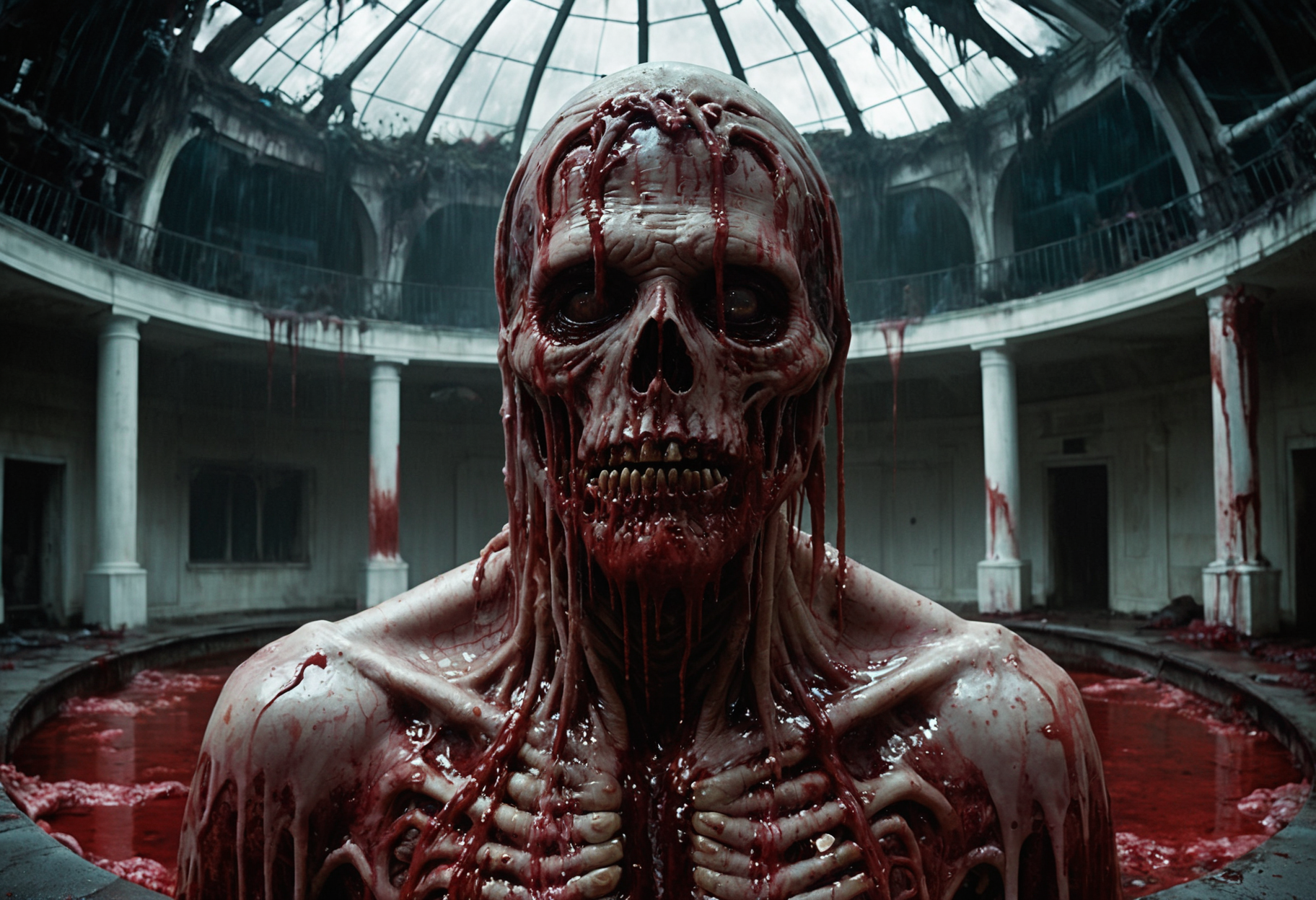 Horror-themed cinematic film still concept art by greg rutkowski, a futuristic large inner garden under a great dome, desolate, covered in reddish slime on all sides, uncanny atmosphere, low light, scary atmosphere, scifi, highly detailed portrait, digital painting, artstation, concept art, smooth, sharp foccus ilustration, artstation hq high budget, bokeh, cinemascope, moody, epic, gorgeous, film grain, grainy . Eerie, unsettling, dark, spooky, suspenseful, grim, highly detailed