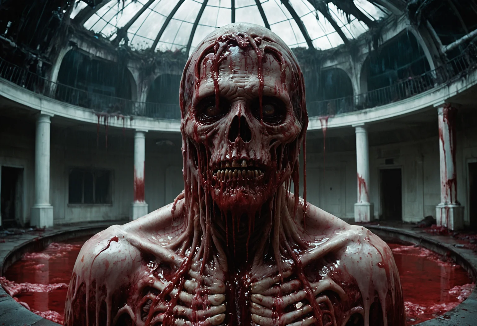 Horror-themed cinematic film still concept art by greg rutkowski, a futuristic large inner garden under a great dome, desolate, covered in reddish slime on all sides, uncanny atmosphere, low light, scary atmosphere, scifi, highly detailed portrait, digital painting, artstation, concept art, smooth, sharp foccus ilustration, artstation hq high budget, bokeh, cinemascope, moody, epic, gorgeous, film grain, grainy . Eerie, unsettling, dark, spooky, suspenseful, grim, highly detailed