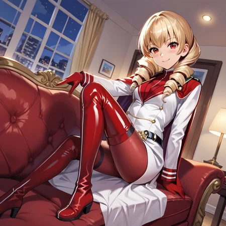 masterpiece, best quality, score_9, score_8_up, score_7_up, full body, 1 girl, looking at viewer, cowboy shot, dutch angle, indoors, sitting on couch, living room, night, blush, smile, erika_wagner, aged_down, slim, blonde_hair, red_eyes, drill_hair, twin_drills, red latex cape, latex military_uniform, belt, white latex coat, grey latex pantyhose, red thigh high latex boots, flat boots, red latex gloves