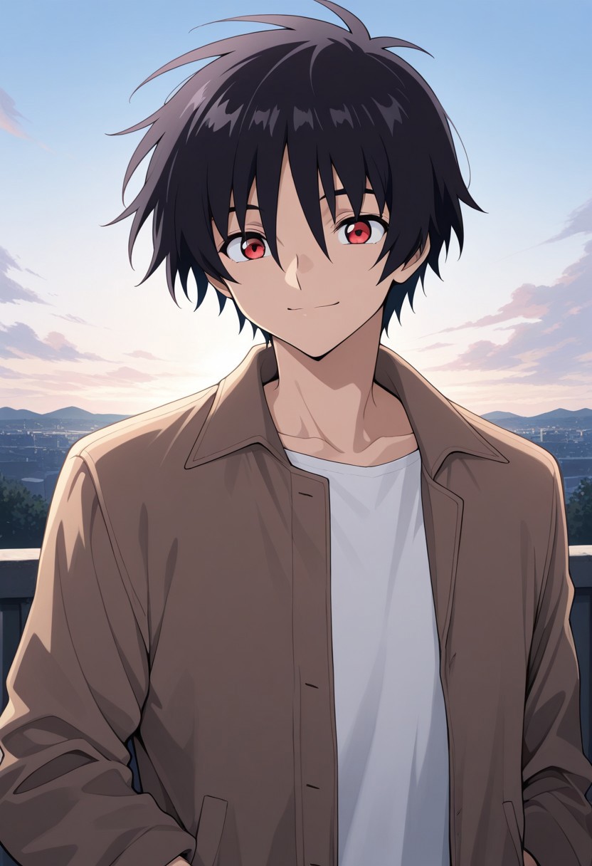 masterpiece,best quality,amazing quality, source_anime, 
ShinnAsuka, 1boy, male focus, solo, red eyes, black hair, casual, shirt, white shirt, jacket, brown jacket, open jacket, smile, outdoor, sky,