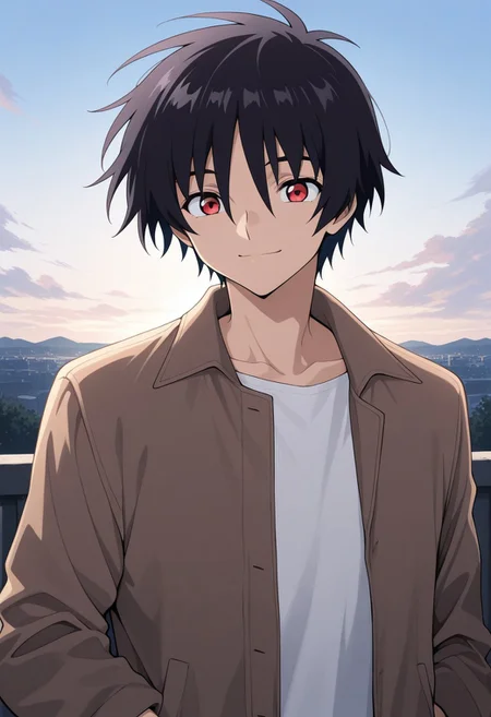 masterpiece,best quality,amazing quality, source_anime,
ShinnAsuka, 1boy, male focus, solo, red eyes, black hair, casual, shirt, white shirt, jacket, brown jacket, open jacket, smile, outdoor, sky,