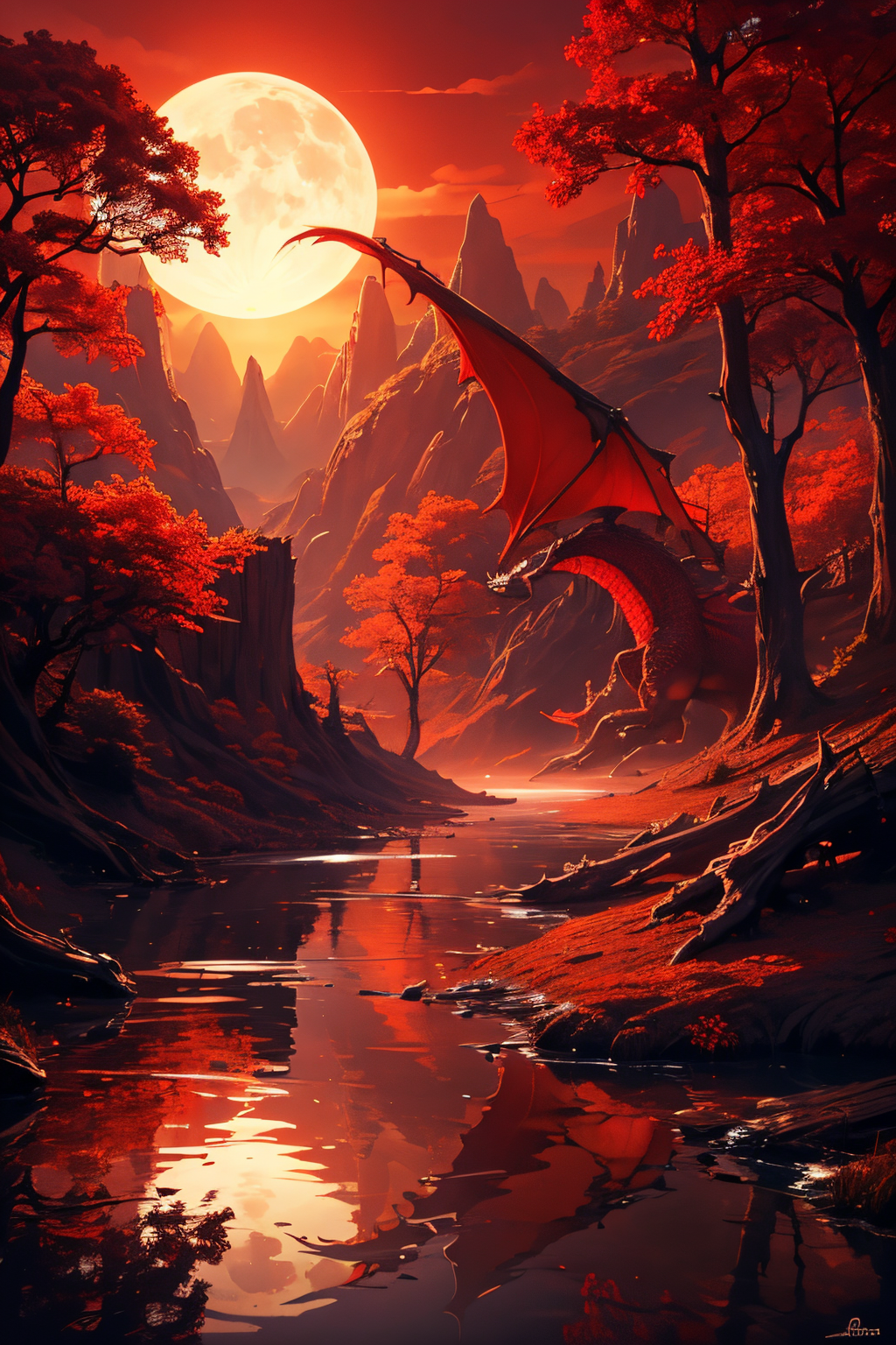 (Realistic:1.5), EDOBSYFYCITYLANDSCAPE, EDOBHORRORLANDSCAPE, EDOBFAIRYTALELANDSCAPE, claws, tree stump, dragon, sunlight, red theme, moon, simple background, bag, reflection, red theme, <lora:EdobSyFyHorrorFairyTale_v1.0:0.8>