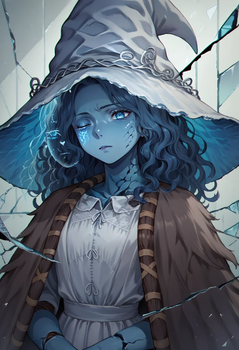 score_9, score_8_up, score_7_up, source_anime, 1girl, shattered, crack, cracked skin, broken glass, <lora:ShatteredGlass_XLPD:1>, <lora:Ranni_XLPD_CAME:1> IncrsXLRanni, wavy hair, cracked skin, blue skin, colored skin, extra arms, extra faces, doll joints, white dress, witch hat, brown cloak, upper body,