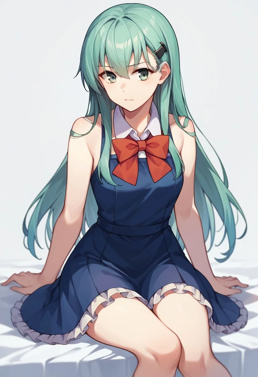 score_9, score_8_up, score_7_up, source_anime, suzuya (kancolle), hairclip, collared shirt, frilled skirt, bare shoulders, red bow, sitting, red bowtie, closed mouth, ribbon, bow