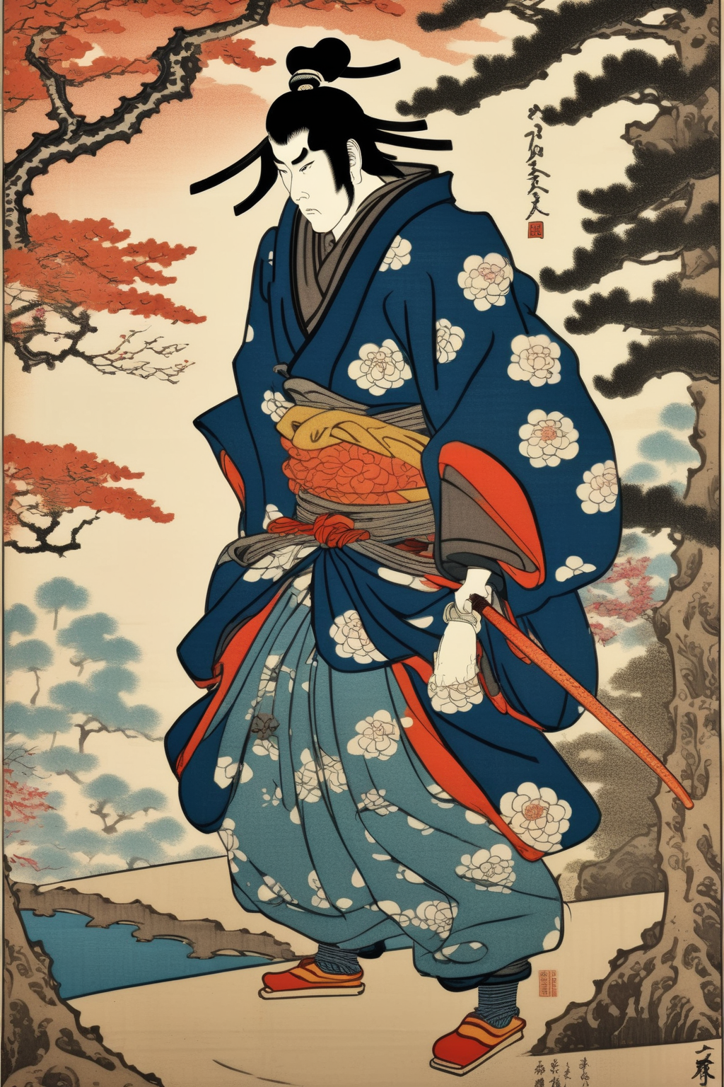 <lora:Ukiyo-e Art:1>Ukiyo-e Art - Ukiyo-e woodblock print, Japanese ancient samurai in a Japanese garden, detailed, colorful, inspired