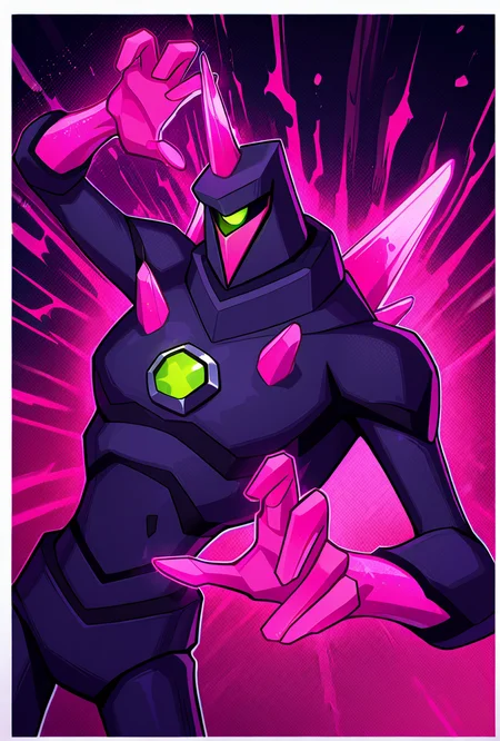 <lora:chromastone-10:1> chromastone, no humans, solo, single pink horn, one-eyed, green eye, pink spikes, glowing, dark armor, dynamic pose, pink hands,, masterpiece, best quality, amazing quality, very aesthetic, absurdres, newest,, upper body, halftone effect, white borders, abstract background:1.2,