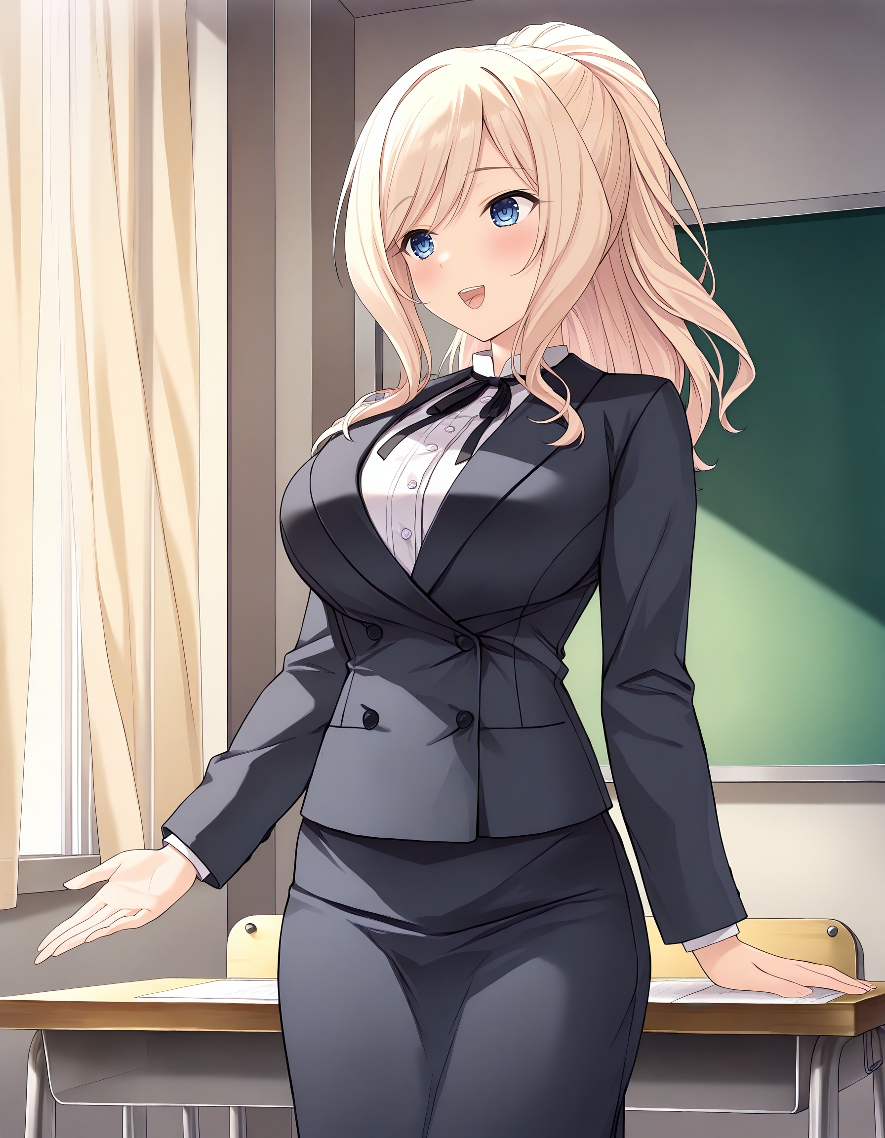 1girl, solo, <lora:RuiIL-v2-8:1>, ru1, ponytail, office lady, blazer, black jacket, long sleeves, collared shirt, white shirt, neck ribbon, black ribbon, long skirt, pencil skirt, black skirt, teaching, indoors, classroom, <lora:noobai_vpred_1_masterpieces_v23:1>, very awa, masterpiece, best quality, newest, highres, absurdres
