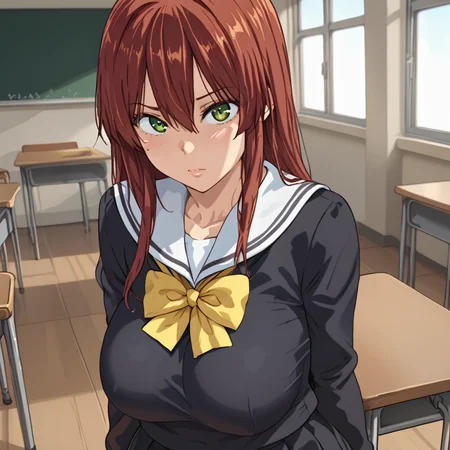 <lora:takeda_hiromitsu_style_pdxl_v2_goofy:0.8> <lora:Kyouko_Inukai_-_pinkerton:0.8> Classroom, big breasts, red hair, green eyes, slender body, school uniform
