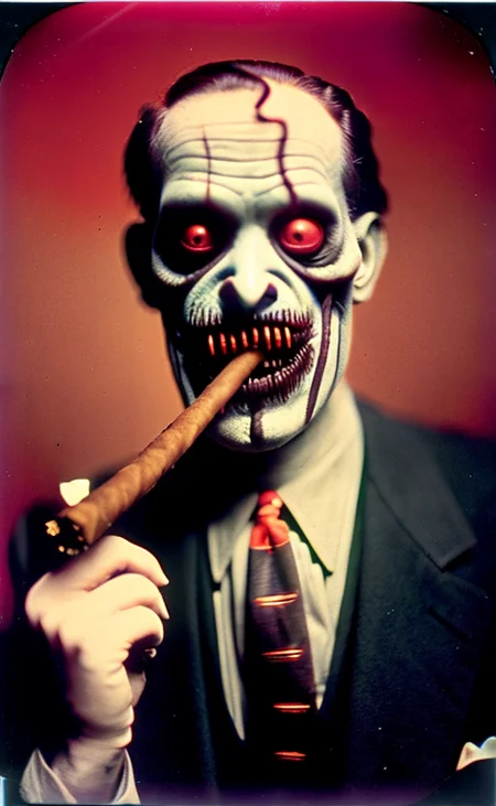 nightmarish version of a ghoulish stepfather smoking a cuban cigar, manic look in eyes, creepy grin, super detailed, intricate and complex composition, three point lighting, high contrast, tension, volumetric smoke, fog, terror, disturbing, dramatic, atmospheric, ( at dusk :1.1), flash photography , (Ektachrome or Kodachrome:1.3),( 1970s :0.6),(vintage 120 film