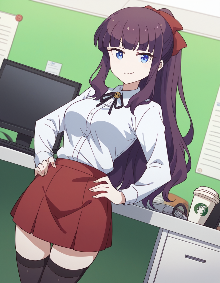 score_9, score_8_up, score_7_up, source_anime, <lora:hifumi-takimoto-s2-ponyxl-lora-nochekaiser:1>, hifumi takemoto, long hair, bangs, blue eyes, bow, ponytail, purple hair, hair bow, medium breasts, skirt, shirt, thighhighs, white shirt, black thighhighs, red skirt,, home office, working from home, computer screen, coffee cup, focus, deadline, , looking at viewer, smug, hands on hips,, solo,, cowboy shot, dutch angle